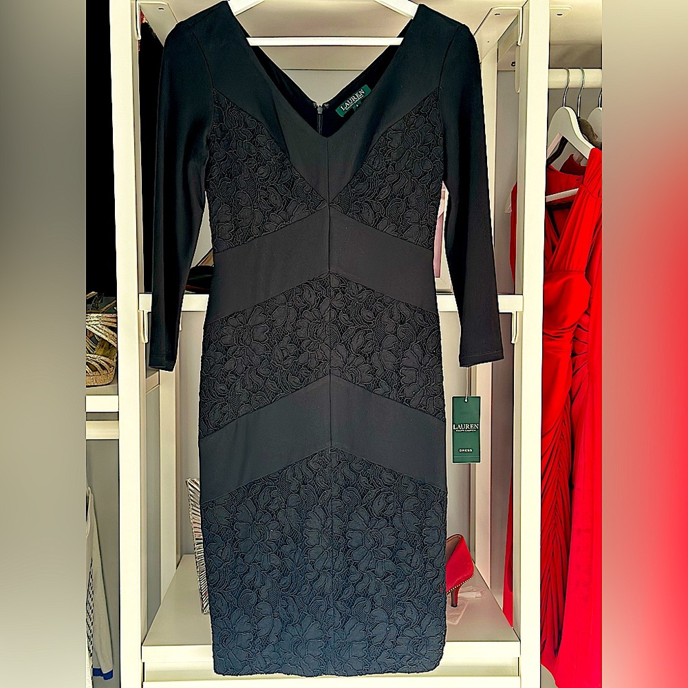 Ralph Lauren embroidered floral chevron black dress size 2 NWT